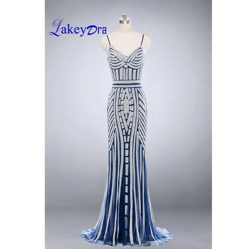 

Lakeydra Mermaid Evening Dresses Spaghetti Straps Navy Tulle with Sequins Zipper Back Trumpet Evening Gowns