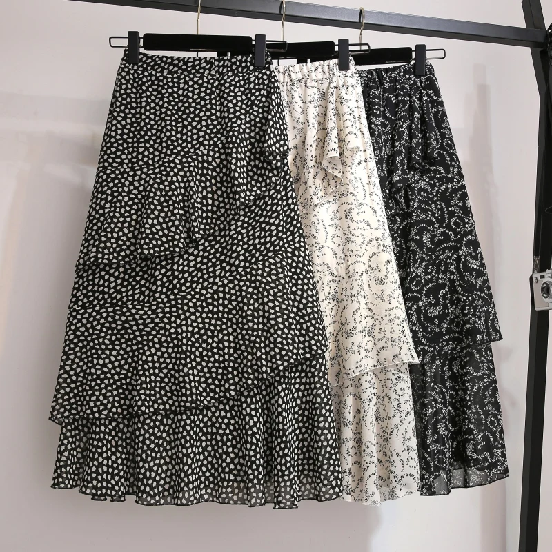 

YICIYA floral chiffon skirt girl plus size ruffles women black whiter dot skirts summer midi Multi layered irregular print