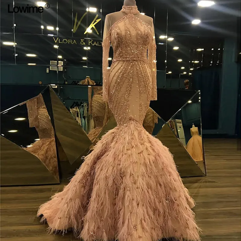 Custom Made High Quality Abendkleider Prom Dress Long Long Sleeves Feathers Court Train Evening Dresses 2018 vestido de festa