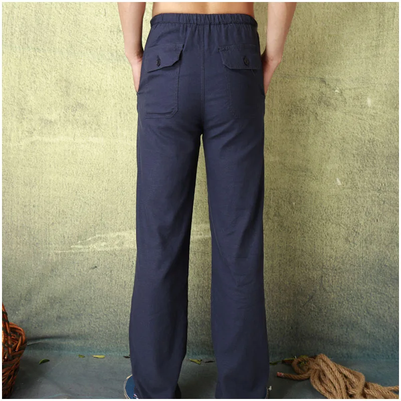 Мужские летние повседневные брюки из натурального хлопка и льна, белые льняные прямые брюки с эластичной талией Y027
