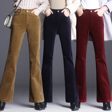 Женские плотные вельветовые расклешенные брюки с высокой талией женские осенние зимние плюс бархатные повседневные штаны для женщин в тонкую полоску расклешенные брюки