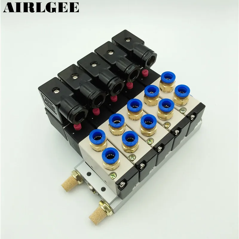 Kaufen 4V210 08 DC24V 2 Positionen 5 Weg Vierbett Magnetventil Aluminium Basis Fitting Schalldämpfer Set 5 Stationen Kostenloser versand