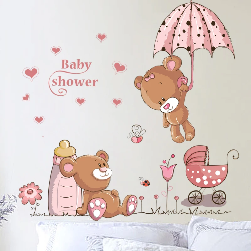 

Lovely bear baby cartoon wall stickers umbrella nursing bottle kids room baby bedroom warobe decor removable kawaii animal decal