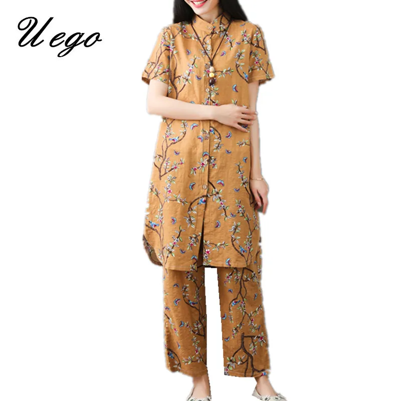 

Uego Thin Light Soft Cotton Linen Loose Summer Women Clothes Sets Long Blouse+Wide leg pants Two Piece Women's Casual Set Suits