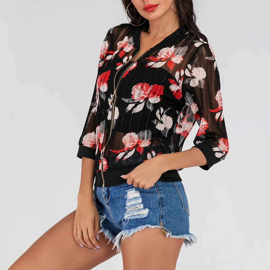 

Women Basic Jackets Female Zipper Transparent Casual Half Sleeves Bomber Jacket Summer Plus Size Flower Sunproof Coat 2019