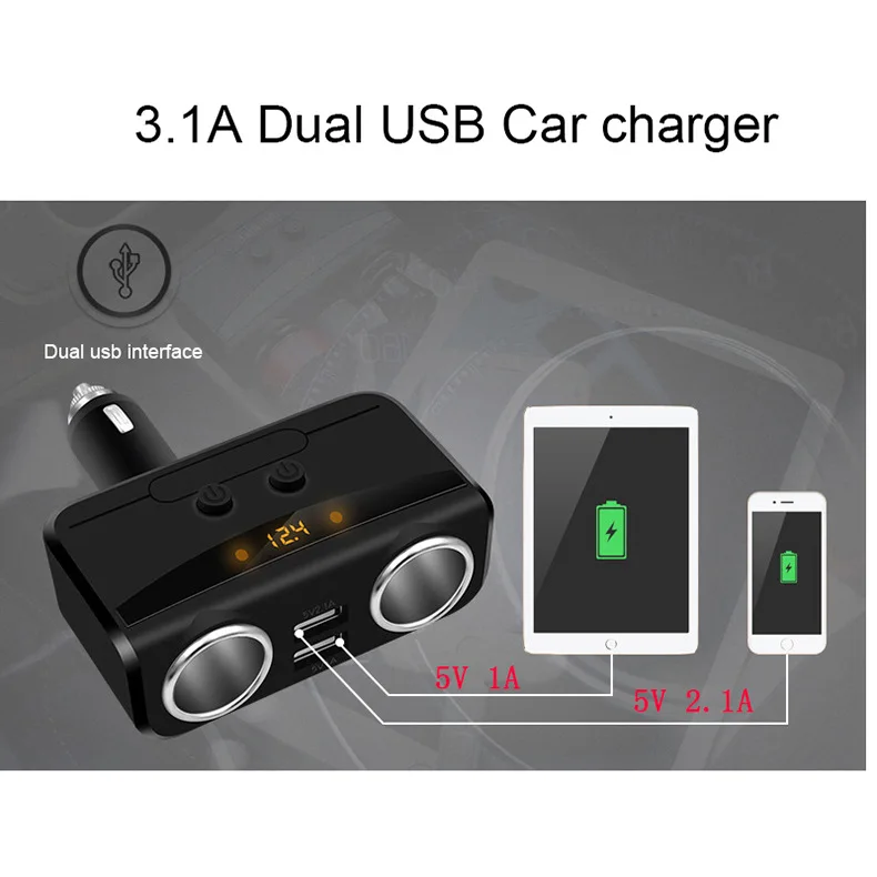 Автомобильный USB гнездо для автомобильного прикуривателя с разъемом 12 V-24 V Мощность адаптер макс. 5 в 3.1A устройство для автомобиля с двумя портами USB Зарядное устройство с вольтметром ЖК-дисплей Дисплей