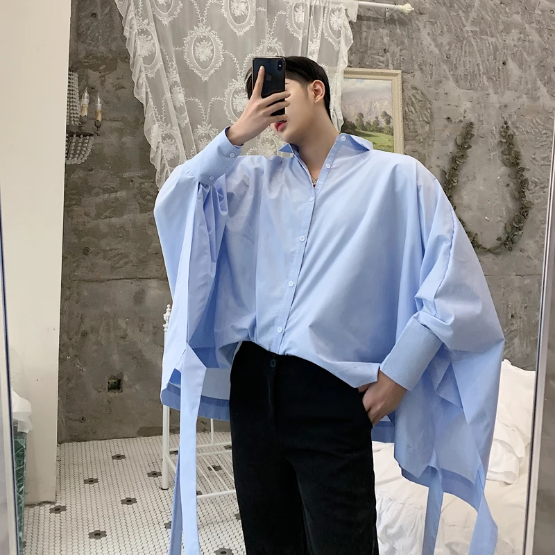 

Spring autumn black white blue vintage oversize men shirt ribbons punk hip hop batwing sleeve blouse nightclub stage costume