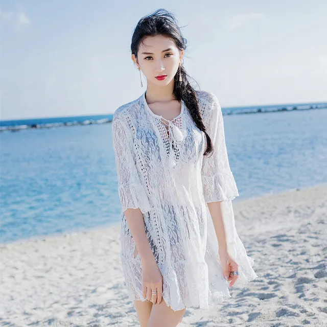 Cheap NIUMO 2018 New summer Solid color white Long section Lace Openwork Loose Sun protection Swim Cover-Ups Beach dress Cheap NIUMO 2018 New summer Solid color white Long section Lace Openwork Loose Sun protection Swim Cover-Ups Beach dress