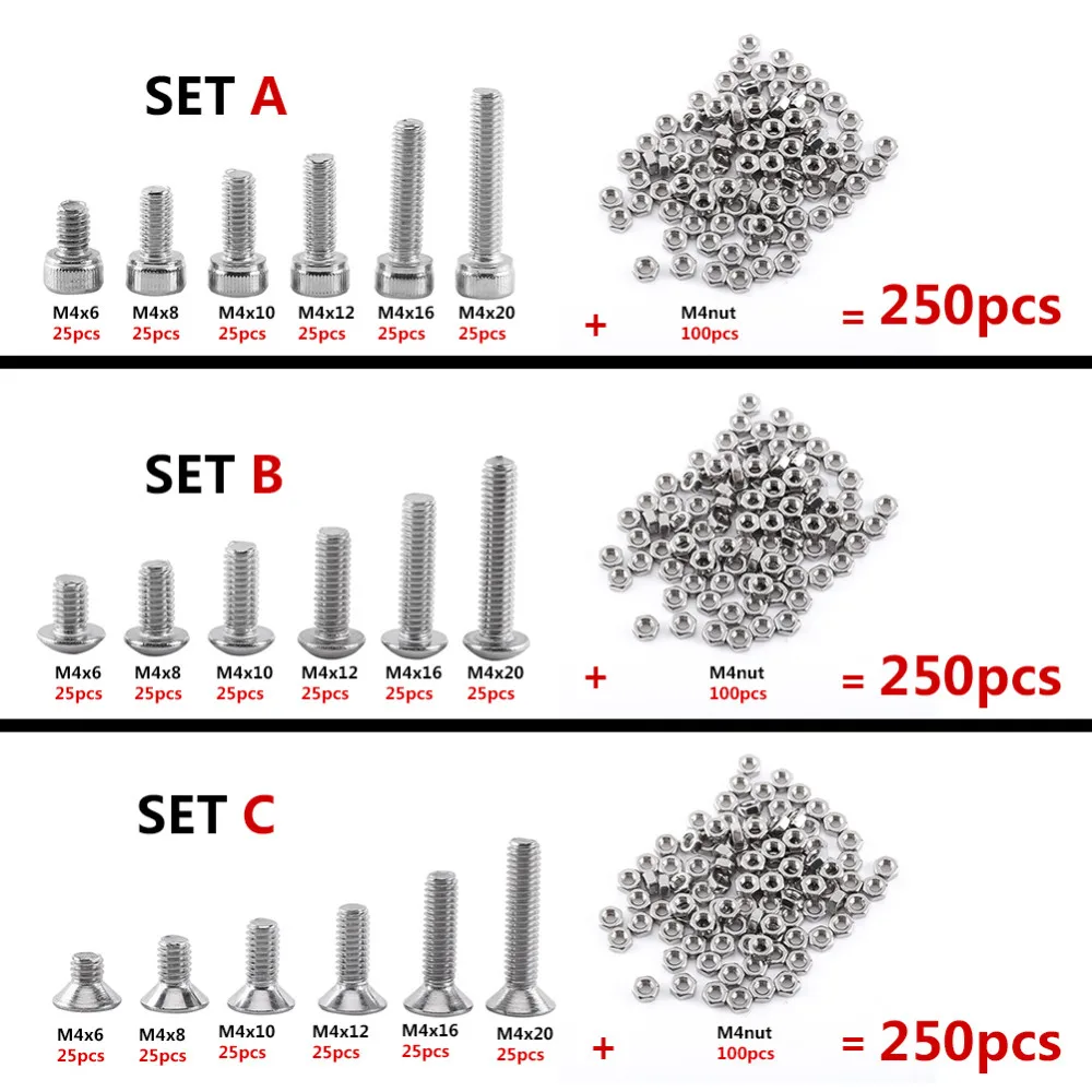 250 шт M4 шурупы гайки набор болтов из нержавеющей стали шестигранные шурупы с гайками Ассортимент Набор Деревообрабатывающие инструменты Аппаратные средства