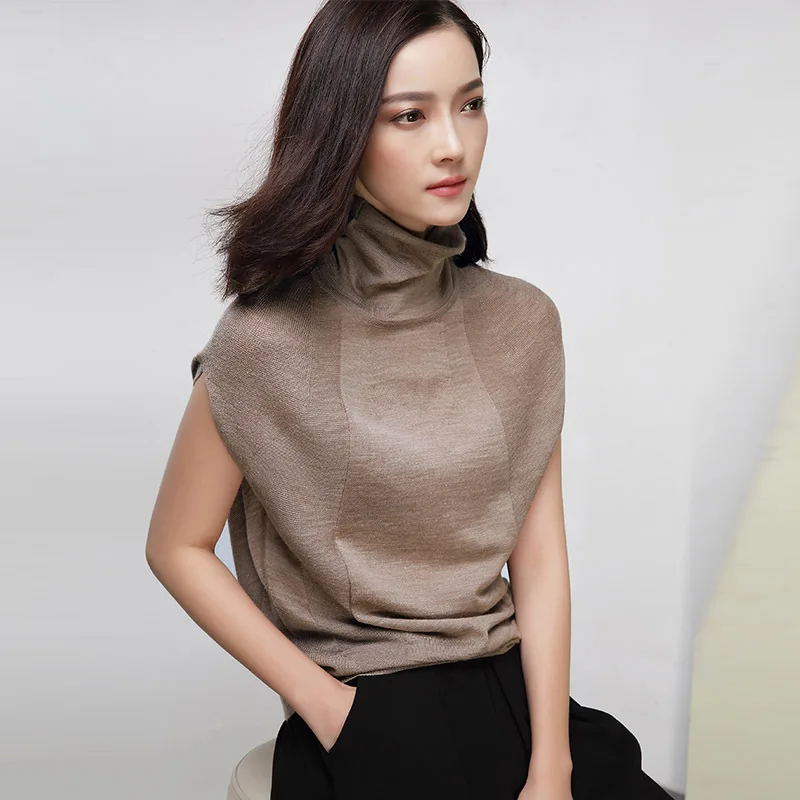 

2019 Fashion Brand European Style Wool Knitted Women Sweaters Spring Autumn Sleeveless Turtleneck Sweater Women Outerwear Coat