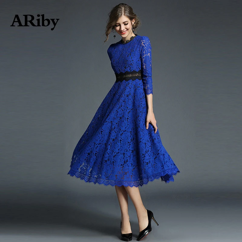 Women Dress Slim Elegant Plus Size Dress 2019 Spring Summer New Fashion Office Lady Lace Stitching Empire Seven-Sleeve Dresses