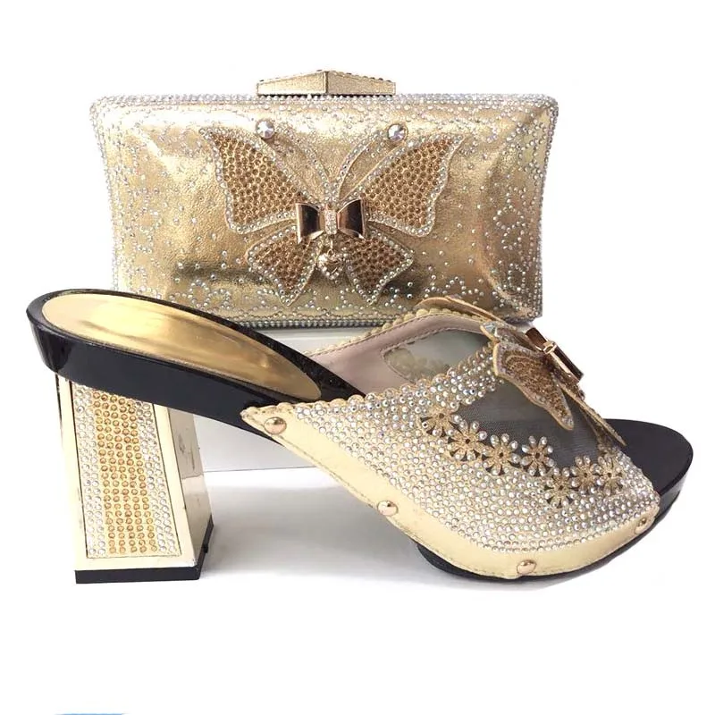 

Fashionable gold women pumps and bag with rhinestone butterfly pattern african shoes match handbag set for dress V25899