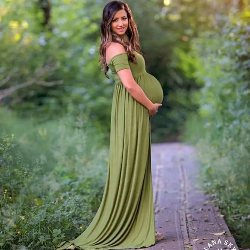 Платья макси для беременных; коллекция года; реквизит для фотосессии; шифоновые платья с открытыми плечами; платье макси для беременных; фотосессия для беременных - Цвет: Green Short Sleeve