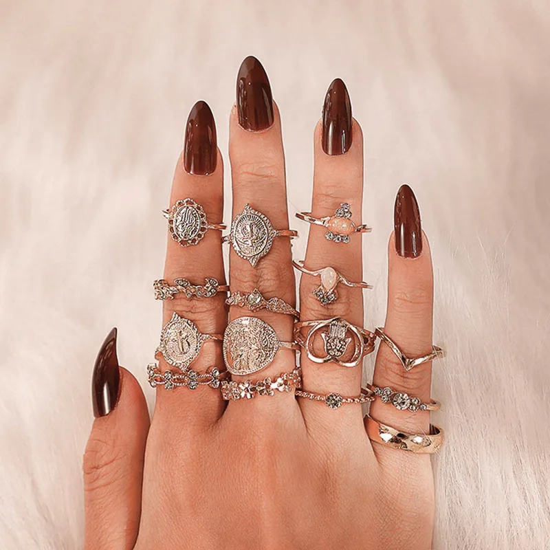Boho 15 шт./компл. крест Фатима ручной комплект колец в стиле панк для женщин золотой цвет геометрический полый узор цветок женские ювелирные изделия