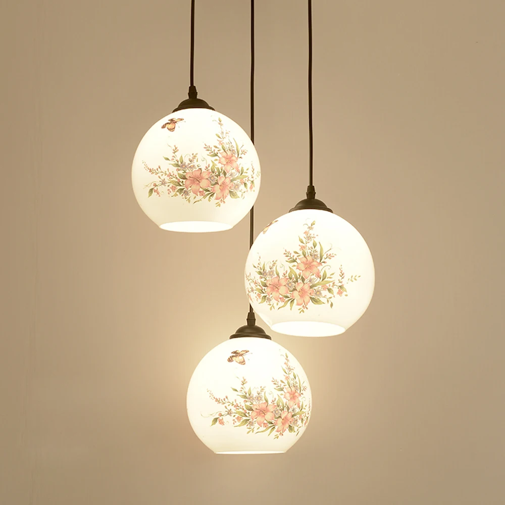 Chinese Printing Glass Dining Room Pendant Light Restaurant Hanging