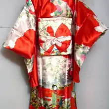Лидер продаж красный Винтаж японский Для женщин шелковый атлас кимоно юката вечернее платье Цветок Один размер H0003