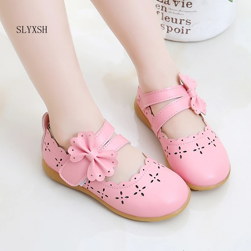 

SLYXSH 2018 new princess shoes Small hole ventilation Kid Girls Hollow Princess Bowknot Student Casual Formal Shoes