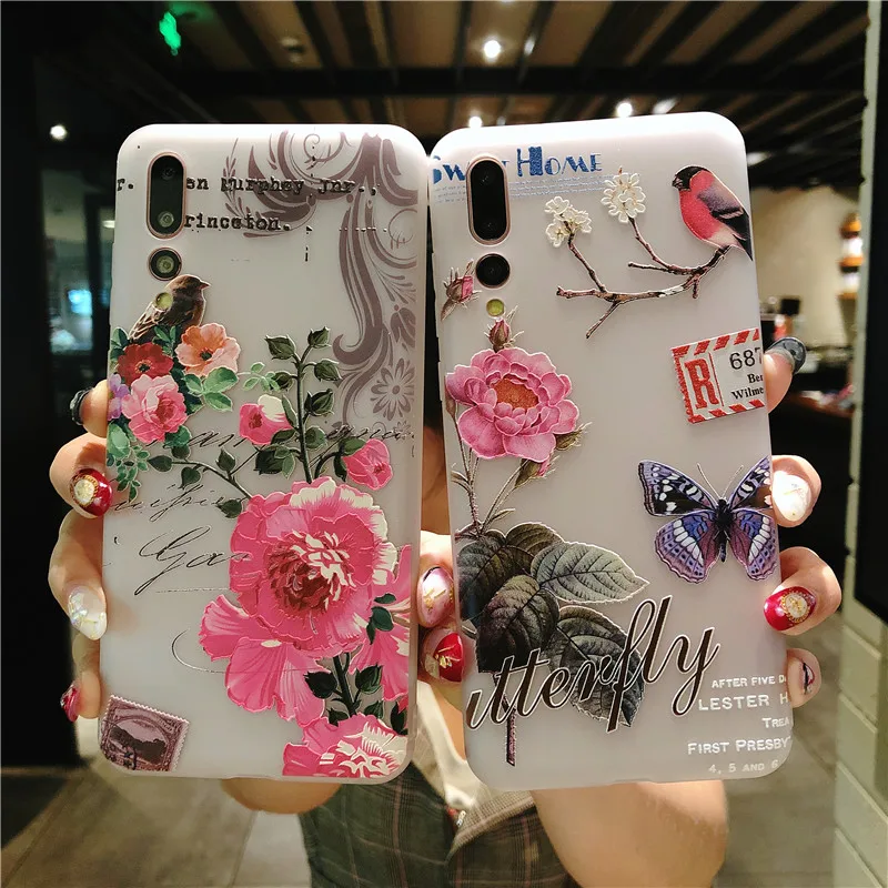 

3D Relief Flowers Cute butterfly Phone Case For Huawei P10 P20 Pro Funda Cherry blossoms Matte Cover for Soft Silicone Capa