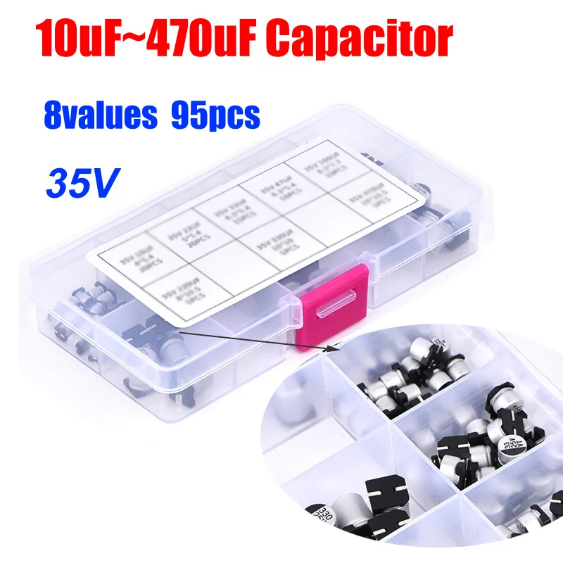 

8values total 95pcs SMD 35V 10uf~470uf Aluminum Electrolytic Capacitor Assortment Pack Plastic Box Kit