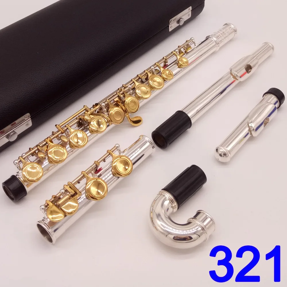 

Japan Professional Flute 321 Silver Plated Flute Gold Key Instrument Intermediate Student Curved Headjoint Flutes 16 Key Close