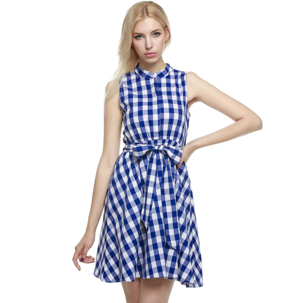 Vintage White Black Plaid Print Shirt Dress Women 2016 Sleeveless