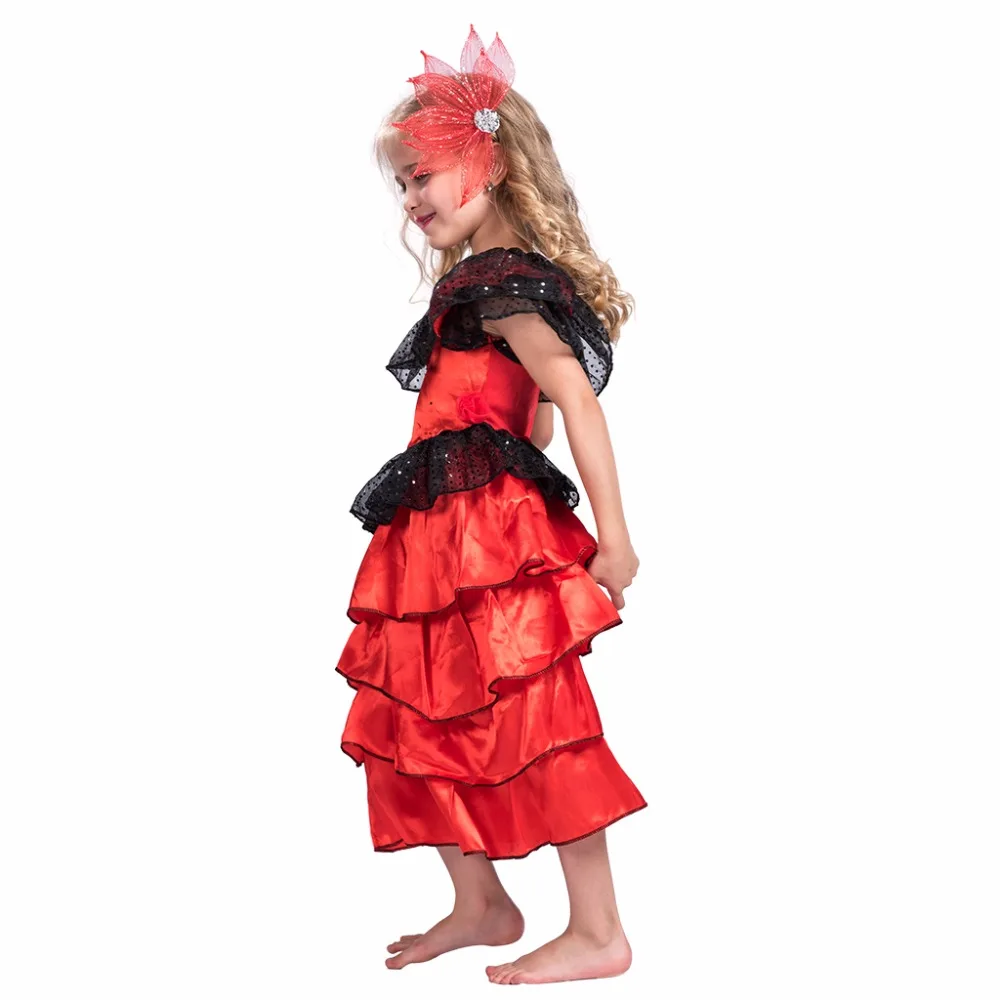 Костюм танцовщица фламенко красного цвета на Хэллоуин для детей, испанские танцевальные платья для девочек, детские кружевные аниме косплей