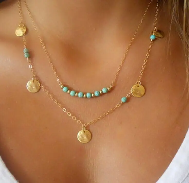 

2017 Fashion Long Chain Maxi Necklaces& Pendants Blue stone Fashion Jewelry Multi Layers Necklaces Gold Color for Women