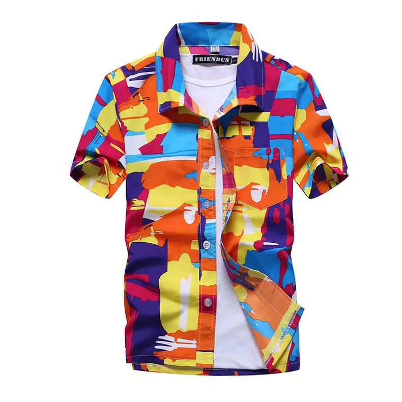 Модные мужские Гавайские рубашки, мужские повседневные цветные пляжные рубашки с принтом, рубашки с коротким рукавом размера плюс 5XL, Camisa Hawaiana Hombre - Цвет: 01 orange