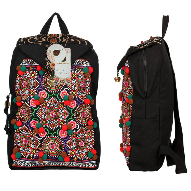 Этнический рюкзак с вышивкой ручной работы, Модные Винтажные женские черные холщовые дорожные сумки