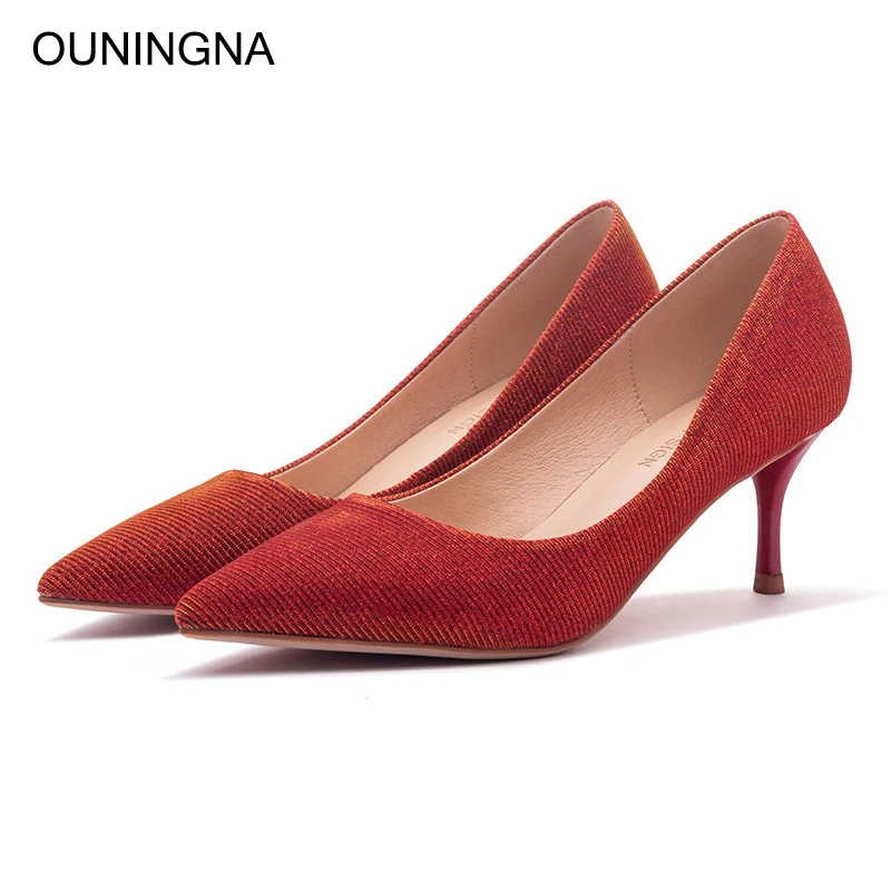 

OUNINGNA Brand Women's Romantic Wedding Shoes 2019 Autumn New Arrival Pointed Toe Shallow High Heels Lady Pumps Free Shipping