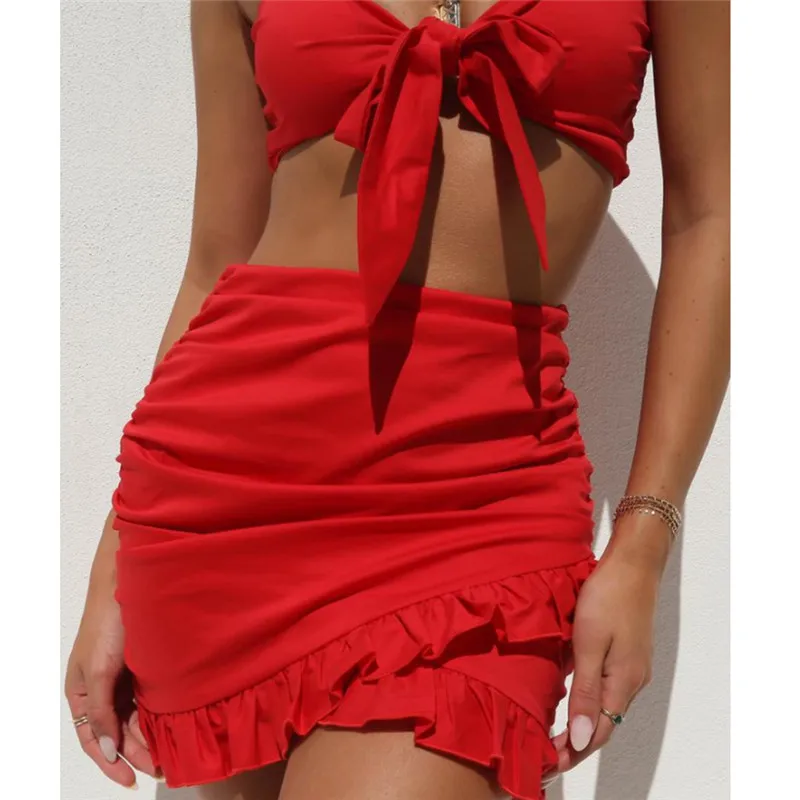Женский облегающий купальник бикини с топом, комплект с юбкой, бандажный летний купальник, пляжная одежда, красный Монокини, купальный костюм