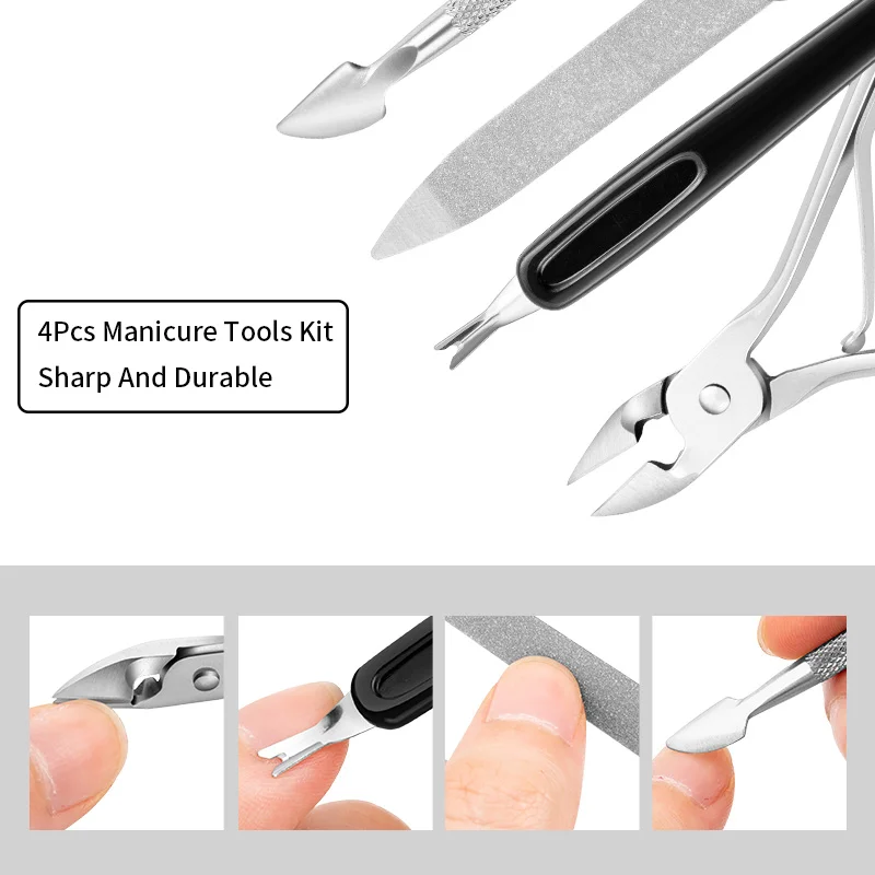 4Pcs/set Nail Art Nippers Clipper Cuticle Spoon Pusher Dead Skin Remover Fork Nail Files Trimmer Scissors Manicure Care Tools