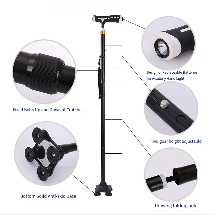 Folding LED Safety Walking Aluminum Alloy Folding Cane With Lamp Old people's Crutches Telescopic Anti-skid Four-legged Crutches