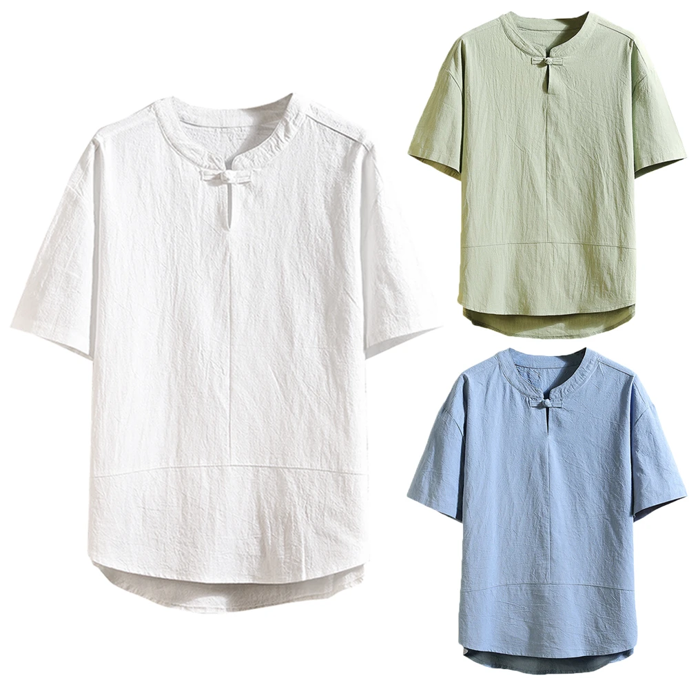 

Helisopus 2019 Men New Linen Shirt Chinese Style Retro One Button Top Breathable Cotton Solid Color Short Sleeve Casual Shirts