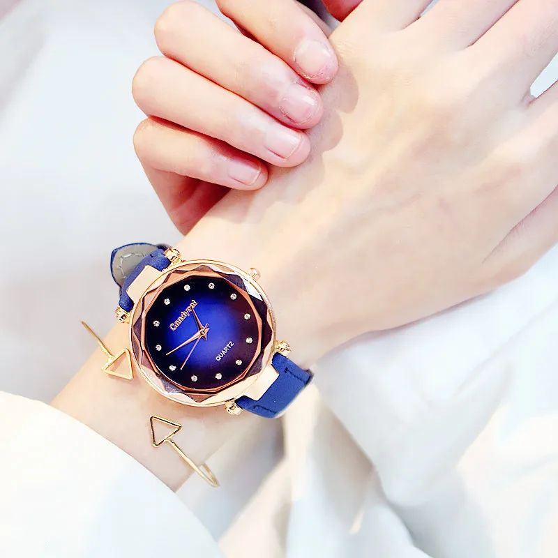 Роскошные женские часы, горячая Распродажа, дешевые женские часы звездного неба, модные повседневные кварцевые наручные часы с кожаным ремешком и кристаллами, relogio - Цвет: Blue Color