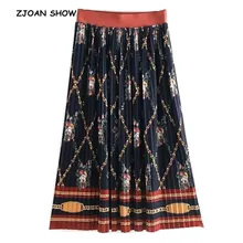 Новая женская винтажная Юбка-миди плиссированная юбка с цветочным принтом и поясом-цепочкой в стиле ретро с завышенной талией, вязанная юбка до середины икры