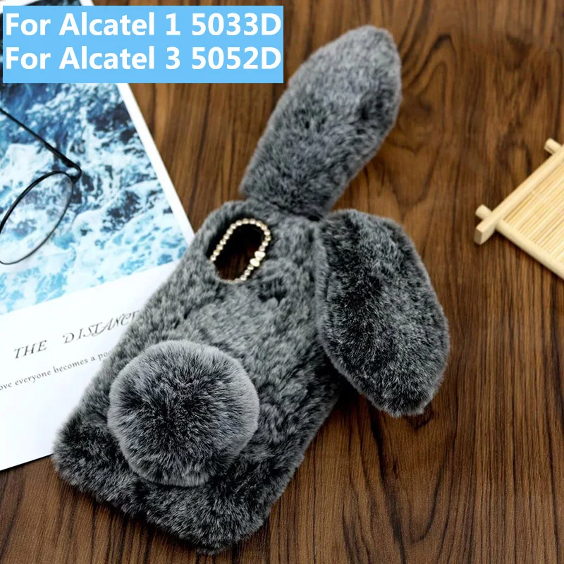 

Plush Bunny Case for Alcatel 1 5033D Case for Alcatel 3 5052D 5052Y Soft Fur Cute 3D Rabbit Ears TPU Diamond Fluffy Case Cover
