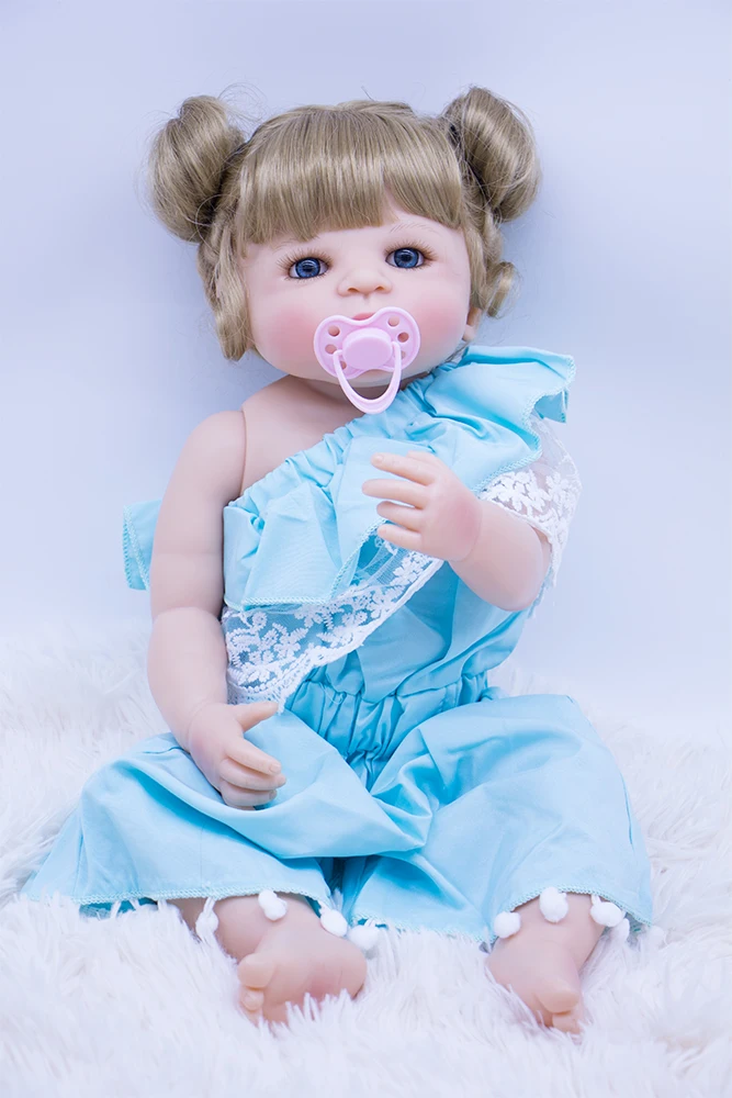 22inch Reborn Baby Doll blond hair Ethnic doll full Silicone vinyl Lifelike Girl bath Toy Gift for Child Christmas Blue clothes