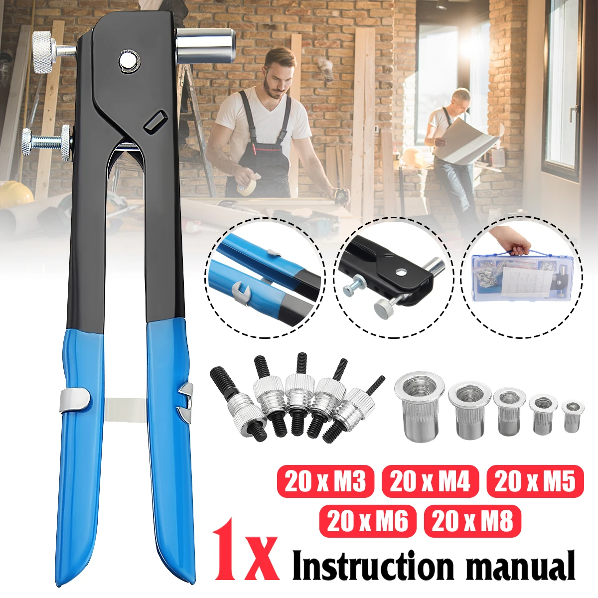 

Aluminum Alloy Pop Riveter Gun Rivet Hand Tool Set Kit 100pcs Nut Inserts 5pcs Mandrels w/ Box New Hand Riveting Set Kit