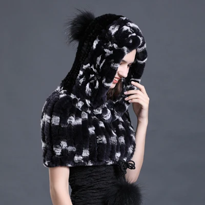 Женский Настоящий мех кролика, шапки, шарфы, зимние шапки, теплая модная меховая шапка с капюшоном, меховая шаль, пончо и накидки для женщин - Цвет: Color 1