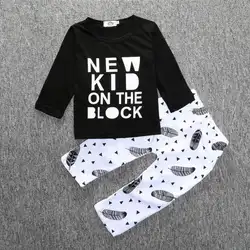 Детская одежда для малышей Одежда для маленьких мальчиков и девочек набор новых детей на блок печати с длинным рукавом хлопковые топы