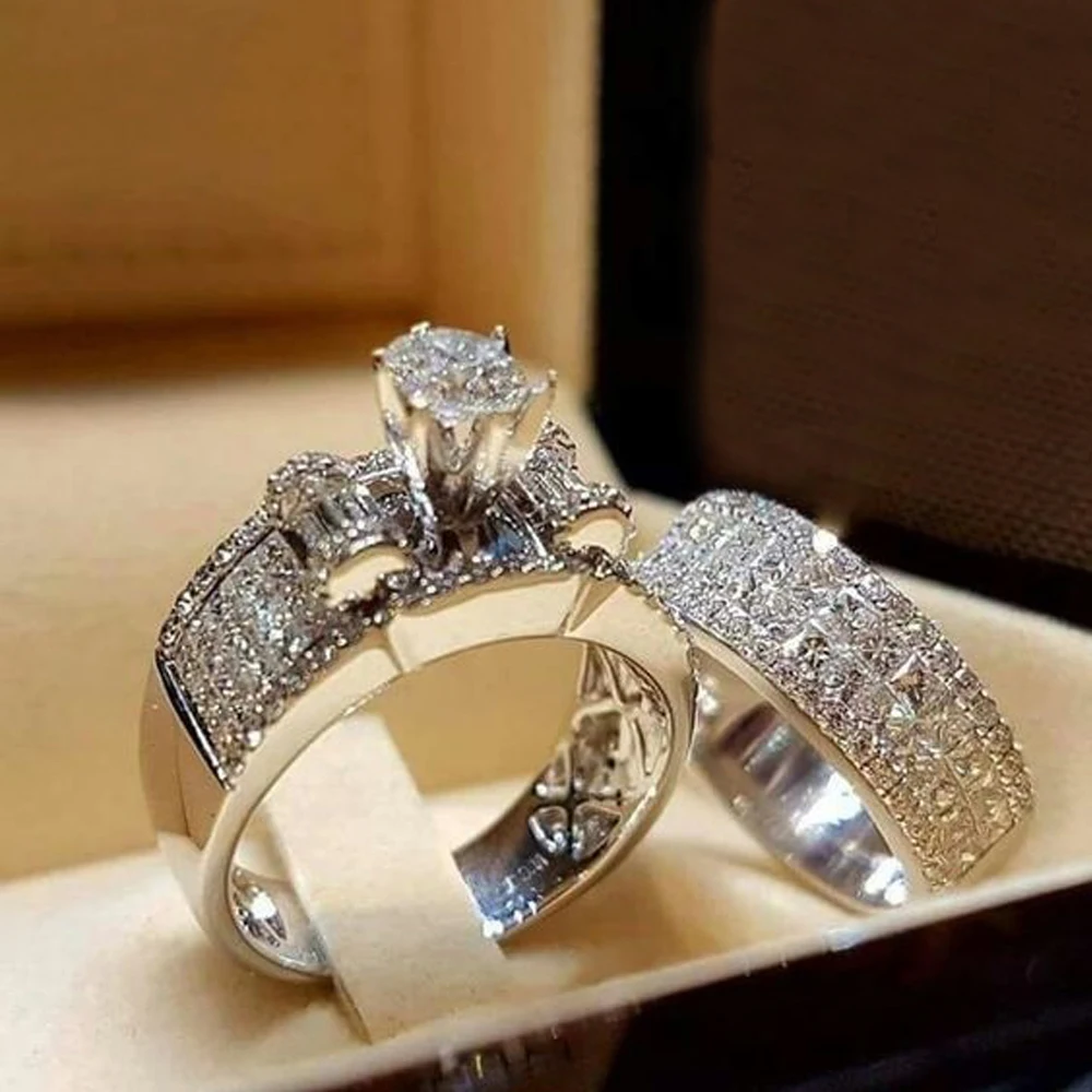 

Boho Female Crystal White Round Ring Set Brand Luxury Promise Silver Engagement Ring Vintage Bridal Wedding Rings for Women