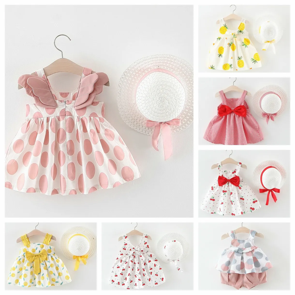 Girls Dresses with Hats 2 Sets of Clothes Set Children Clothes Baby Sleeveless Birthday Party Princess Dress Print Beach Drees