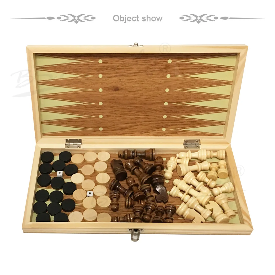 BSTFAMLY 3 in 1 wood chess set portable game international chess checkers backgammon three kinds gameplay game LA3