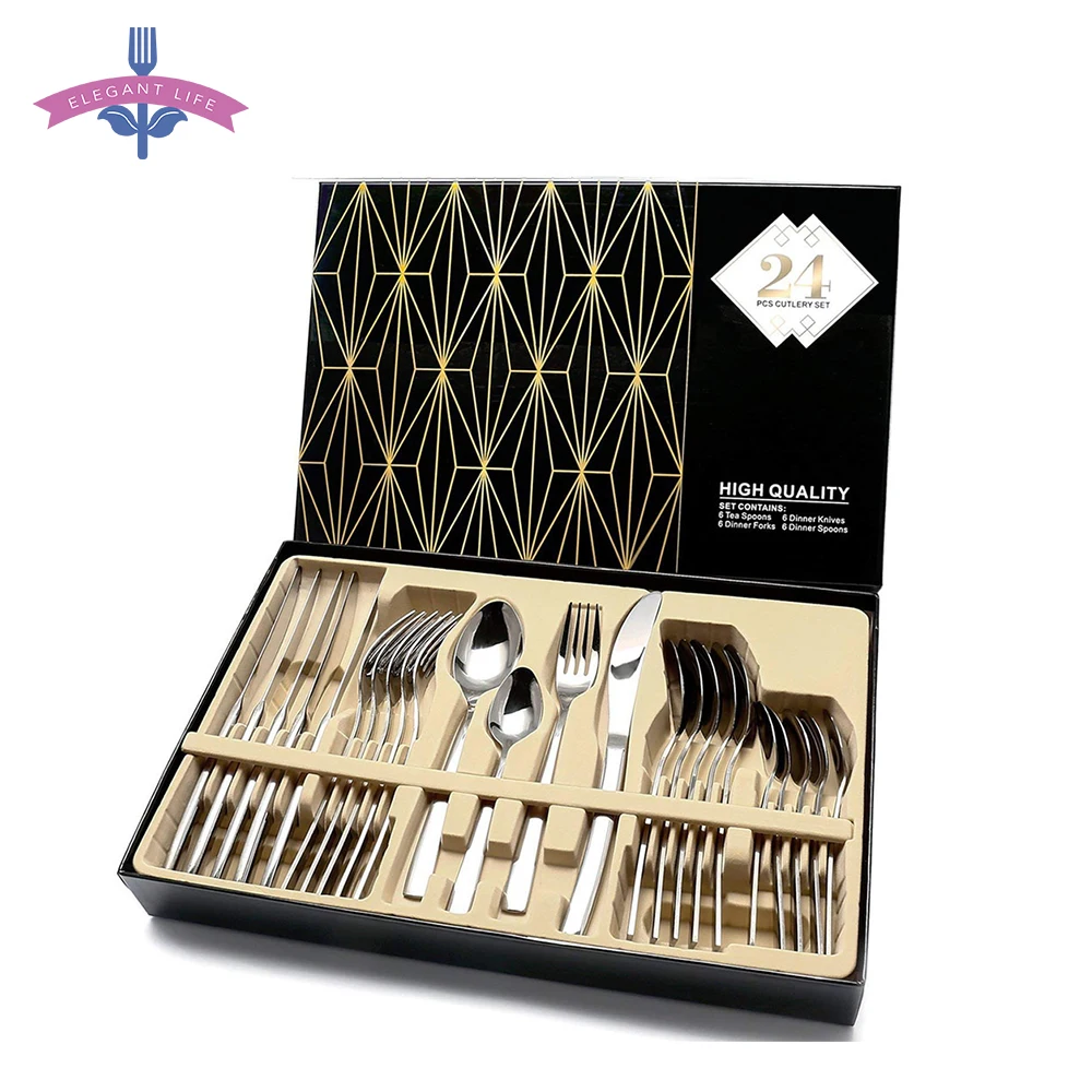 Günstig 24 PCS Besteck Set High grade Spiegel Polieren Edelstahl Besteck Sets Besteck Geschirr Löffel Messer Mit Geschenk box