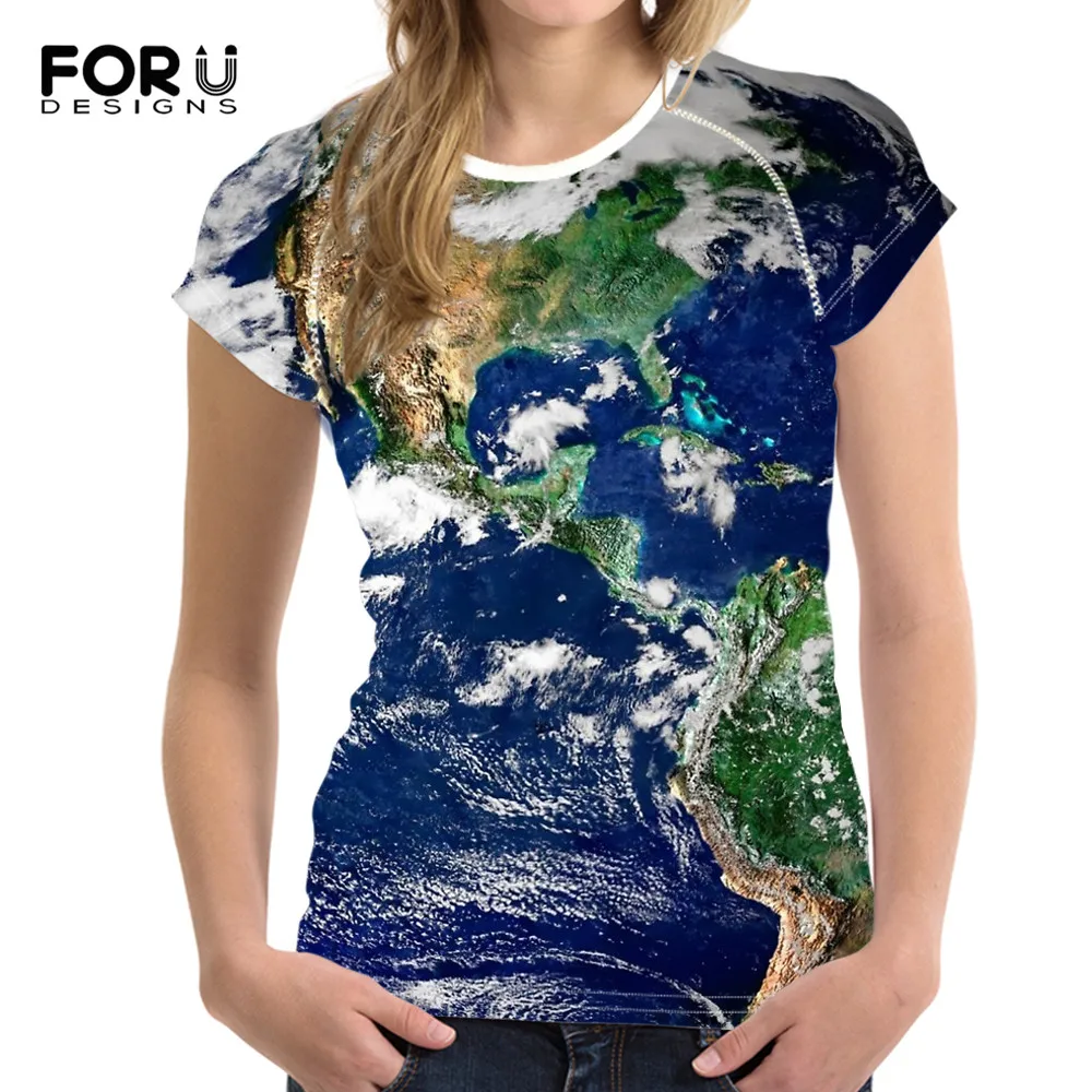 FORUDESIGNS/земля из космоса для женщин футболки 3D печать бренд дизайн с круглым вырезом летние шорты рукава Топы корректирующие эластичность