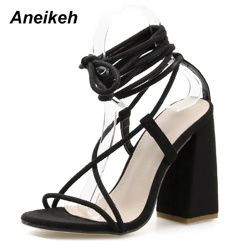 Aneikeh/; сандалии-гладиаторы; Модные женские сандалии; туфли на высоком каблуке с перекрестными ремешками и открытым носком; туфли-лодочки черного цвета; Размеры 35-40 - Цвет: black
