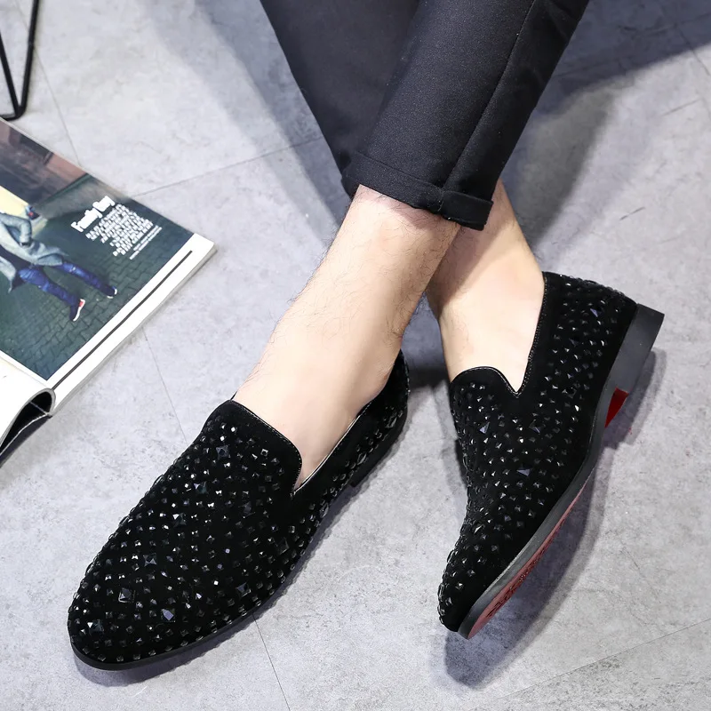 Formelle Mocassins Strass Black Bout Noël Qualité Haute Chaussures Pointu Fête Robe Plat Hommes Casual De 2018 Z6OqIw
