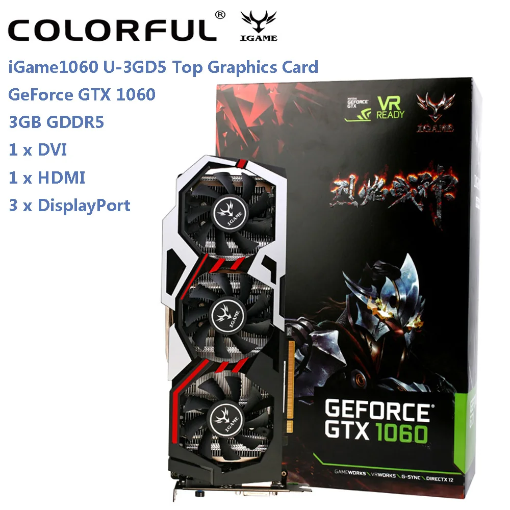 

Original Colorful iGame 1060 U - 3GD5 Top Graphics Card GeForce GTX 1060 GPU Chip 192bit 3GB GDDR5 120W Three Fans Cooling Fan