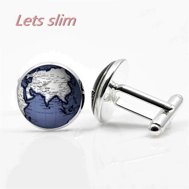 LETS SLIM Earth World Map Seven Oceania Gold Time Glass Cufflinks Globe Map Men's Shirt Charm Globe Cufflinks DIY Photo Custom Fashion Jewelry